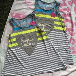 Poof! Gray, Yellow & Blue Striped 2 Girls Tank Top with Heart Applique